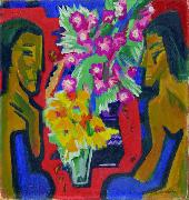 Ernst Ludwig Kirchner Stilleben mit zwei Holzfiguren und Blumen oil